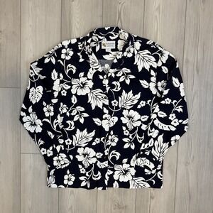 Alohawears Mens Large Navy White Hibiscus Floral Hawaiian Shirt Made in Hawaii